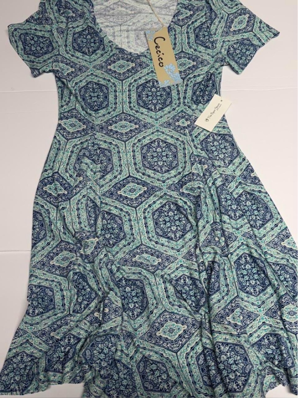 Cecico NWT Mint Navy Tile Print Fit & Flare Dress Small